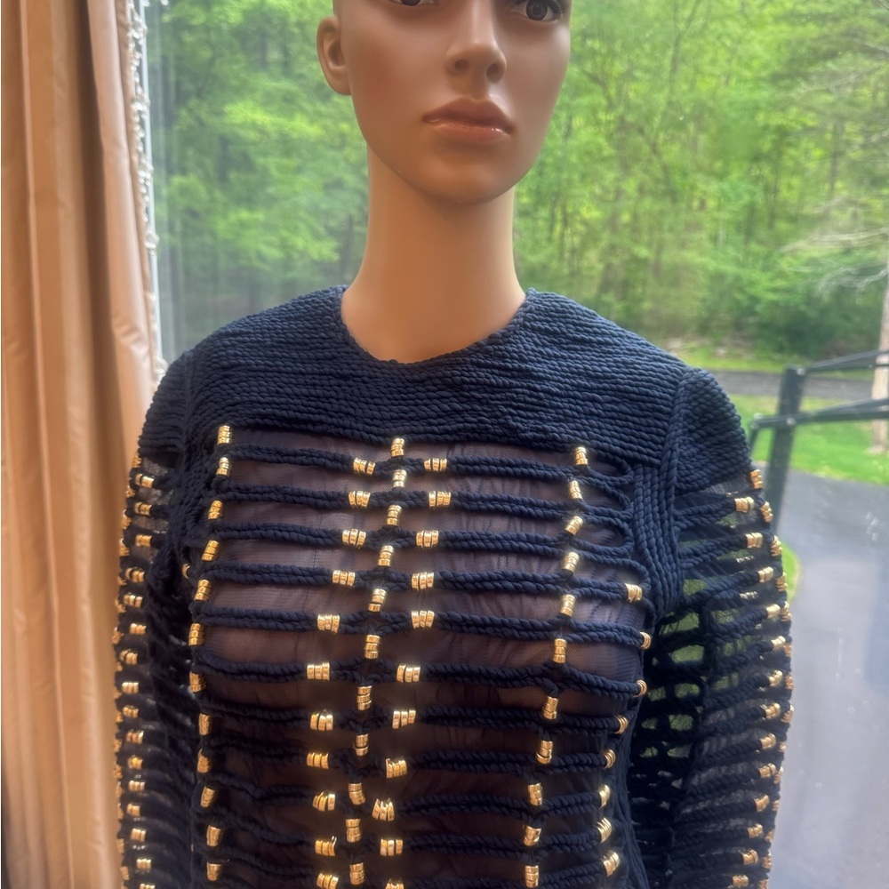 Balmain & H&M Navy and Gold Knit Mesh Sweater